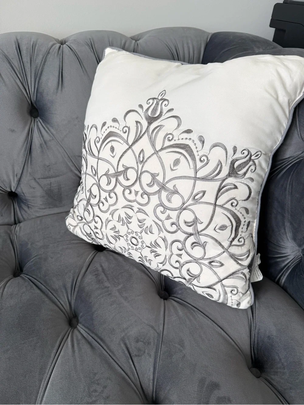 Ivory Gray Embroidered Decorative Throw Pillow 17x17 Damask Accent Cushion